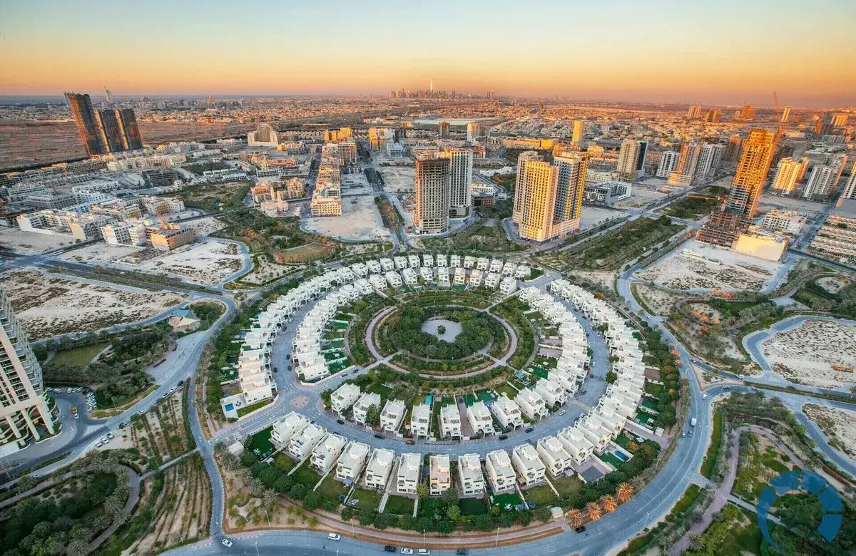 Aerial view of the iconic circular masterplan of Jumeirah Village Circle (JVC), highlighting high-ROI townhouses and apartments by Casttio.