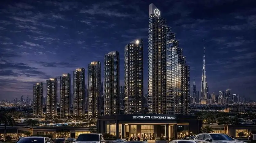 Night view of Binghatti Mercedes-Benz Places luxury towers in Dubai skyline, a prime example for those looking to Buy-Property-in-Dubai.