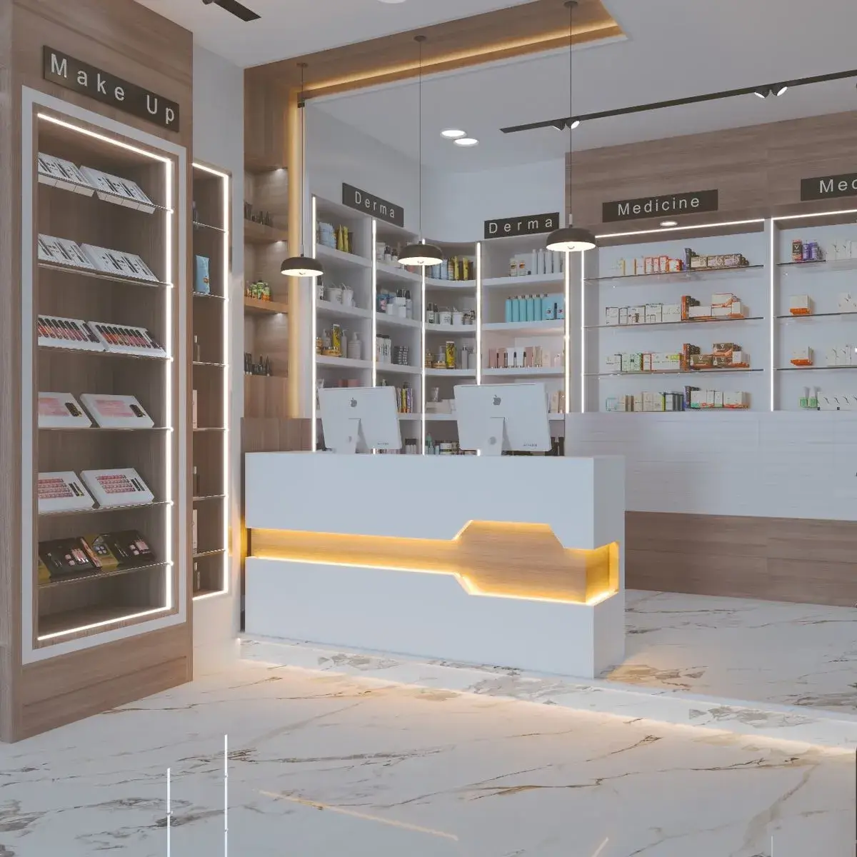 Modern luxury pharmacy and derma clinic interior design showcased by Casttio real estate
