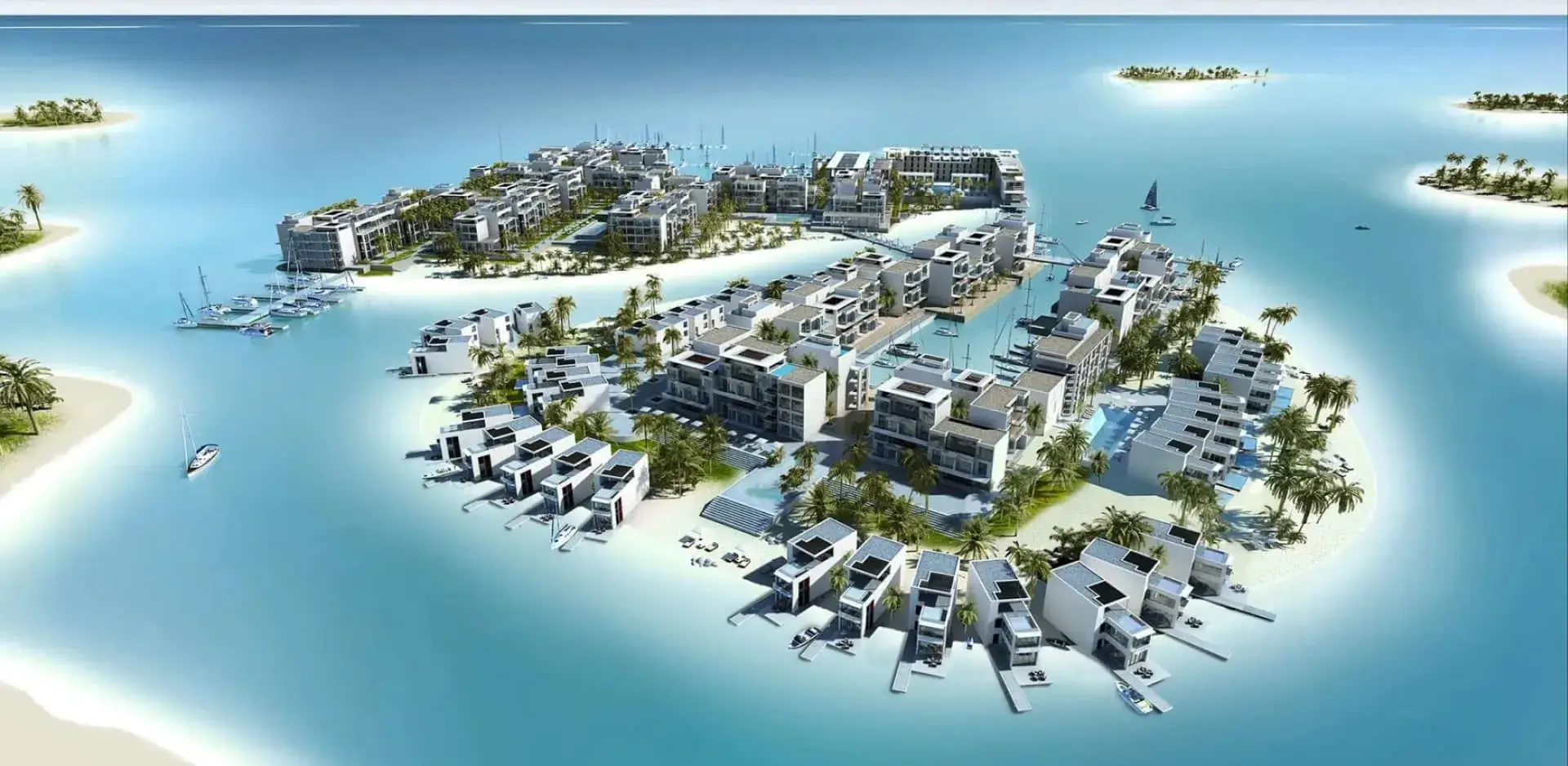 Modern island villa cluster surrounded by turquoise water and luxury marinas, via Casttio