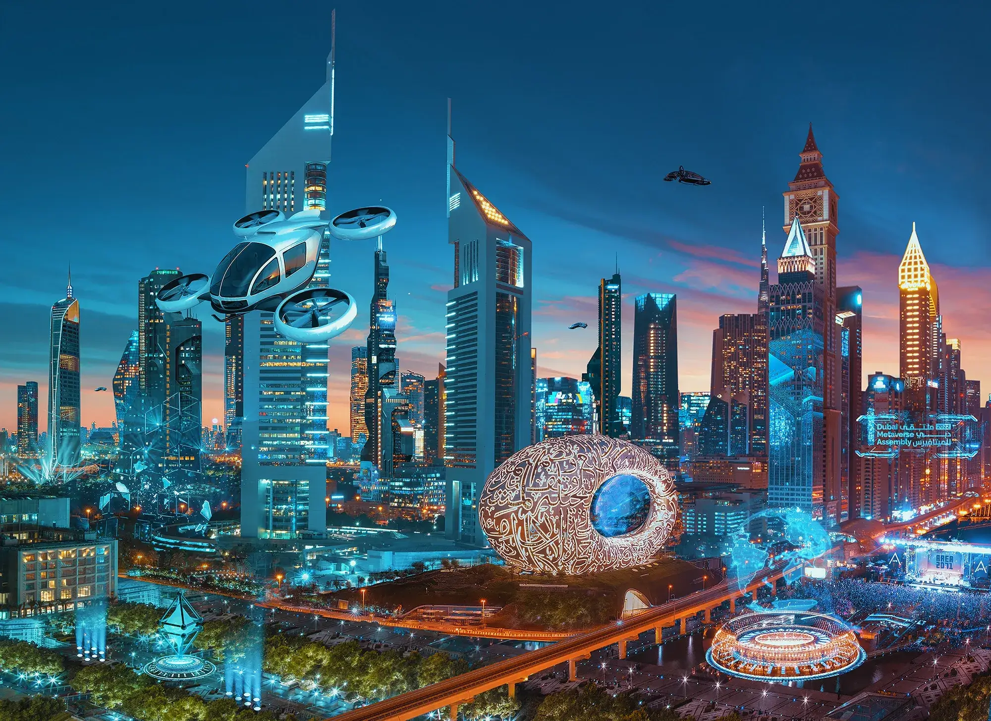 A futuristic vision of Dubai real estate skyline featuring flying taxis and advanced architecture, presented by Casttio.