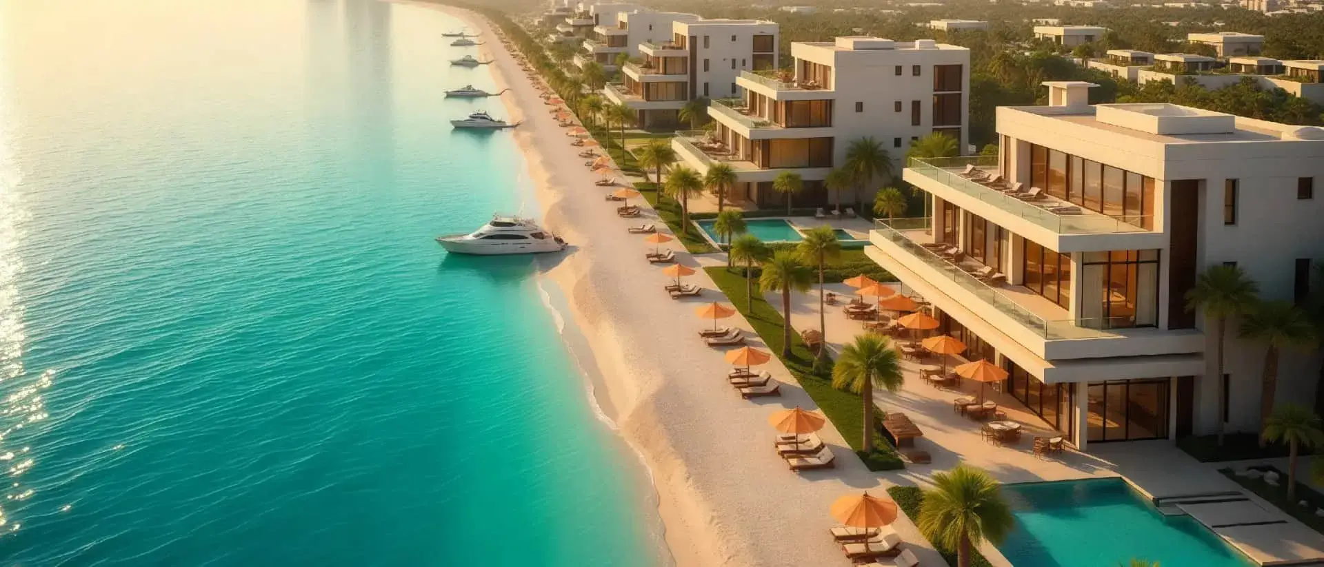 Luxury beachfront villas with private pools and yachts on a pristine shore, curated by Casttio Real Estate