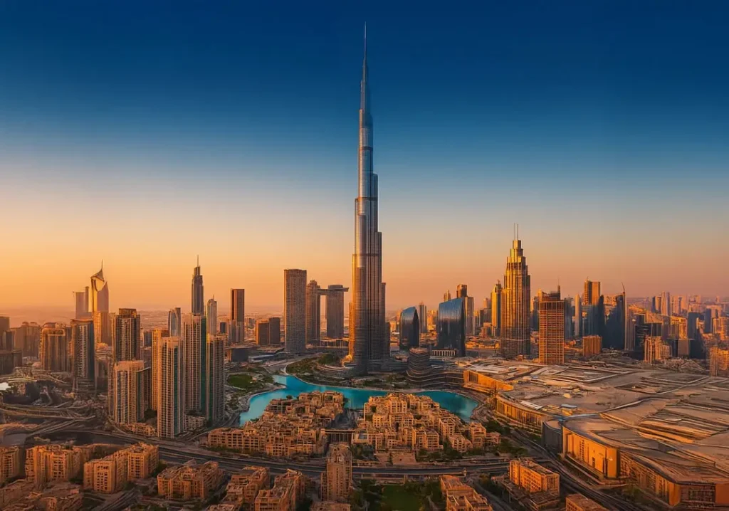 Golden hour panoramic view of Downtown Dubai skyline featuring the Burj Khalifa, a top location to Buy-Property-in-Dubai.