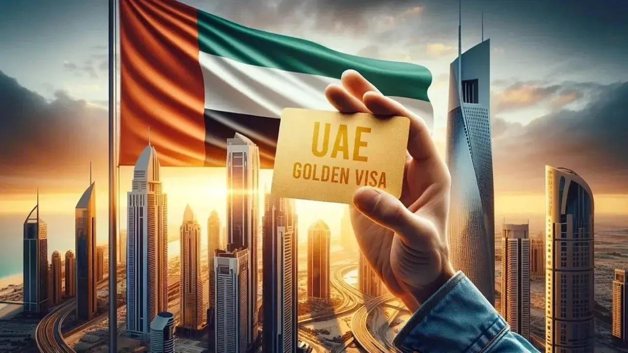 A person holding a UAE Golden Visa card against the Dubai skyline and UAE flag, presented by Casttio