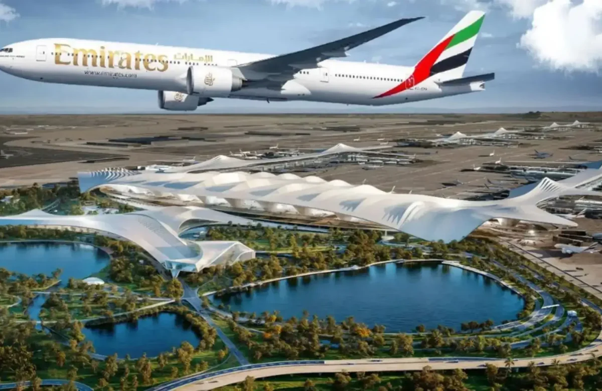 Futuristic architectural design of the new Al Maktoum International Airport terminal, driving massive off-plan real estate growth in Dubai South for Casttio investors.