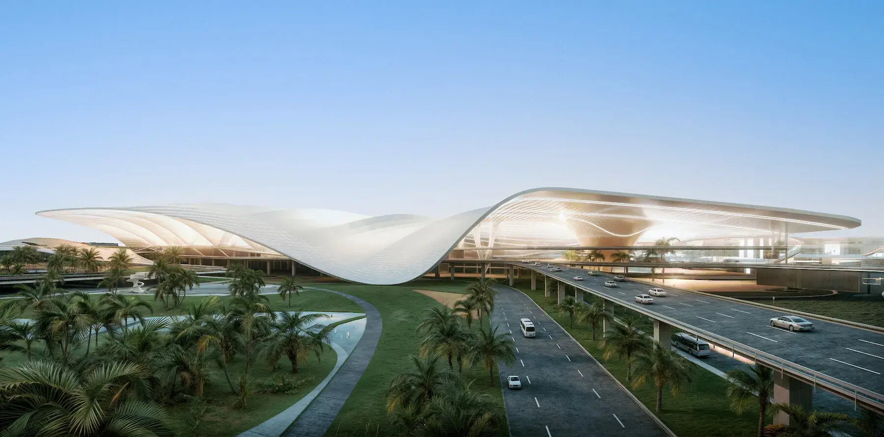 Al Maktoum Airport Expansion Property: Futuristic exterior design of the new Al Maktoum International Airport terminal in Dubai South, driving massive real estate growth for Casttio investors.