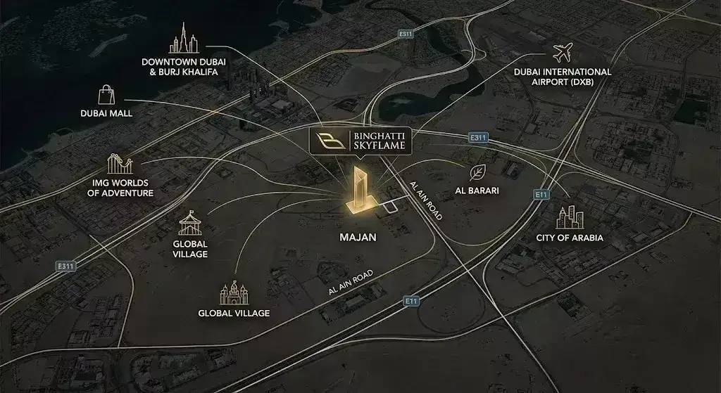 Strategic location map of Binghatti Skyflame in Majan, highlighting quick highway access to Downtown Dubai, Global Village, and DXB Airport.