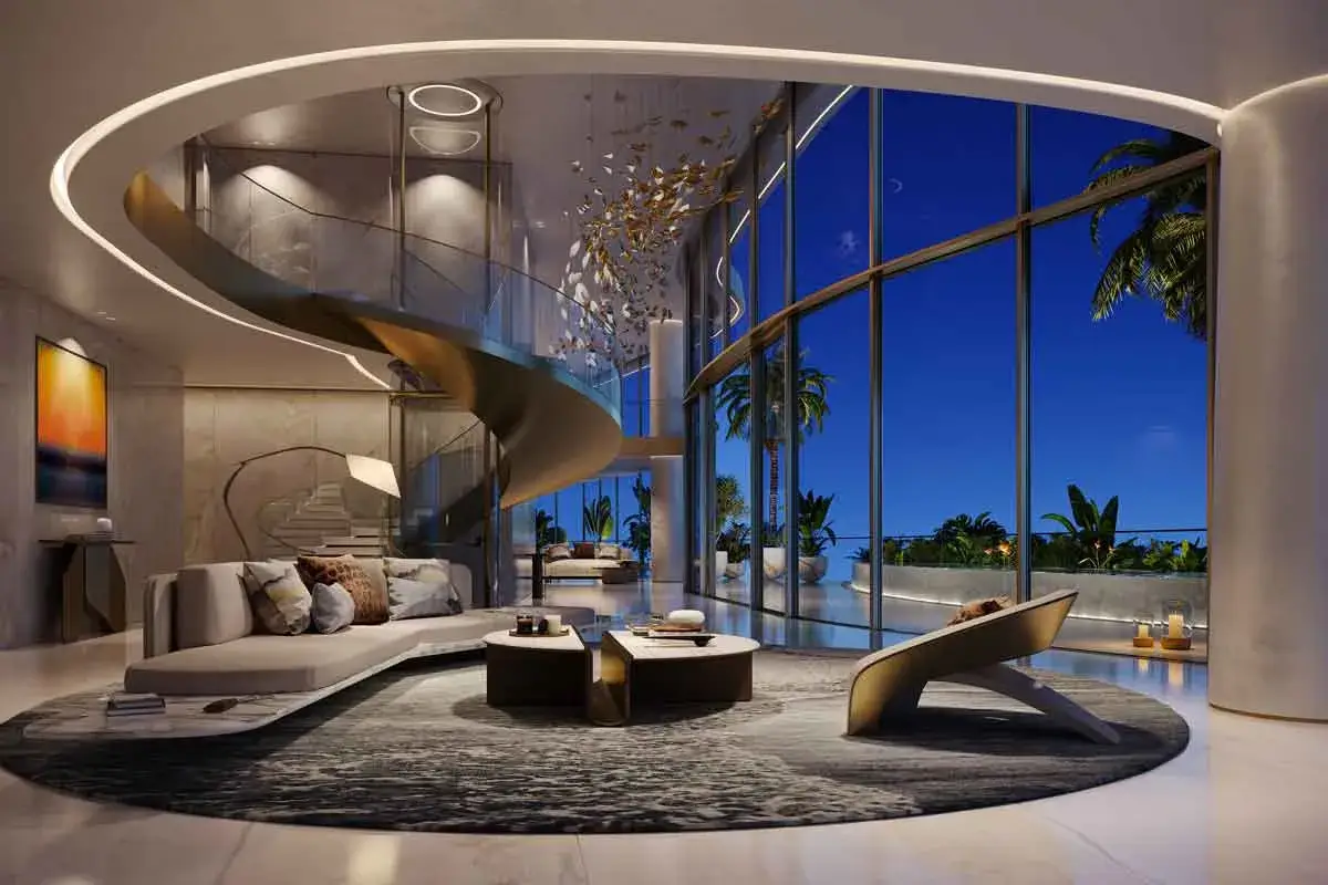 Ultra-luxury penthouse interior featuring a curved glass facade, modern spiral staircase, and twilight views of Dubai.