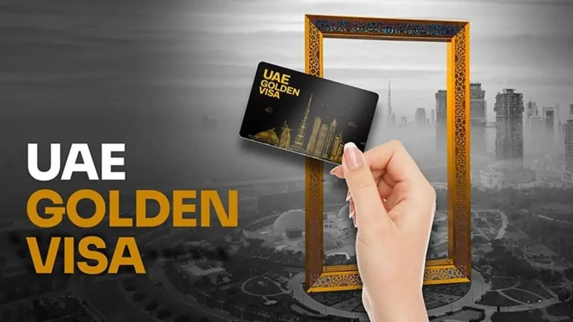 Hand holding a black UAE Golden Visa card stepping through a golden frame into the Dubai skyline, symbolizing exclusive residency benefits for property investors.