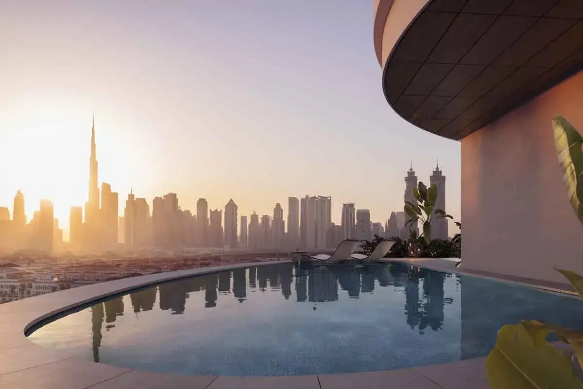 Luxury Penthouse Dubai Market: Luxury penthouse terrace featuring a private pool with panoramic sunset views of the Dubai skyline, offered by Casttio Properties.