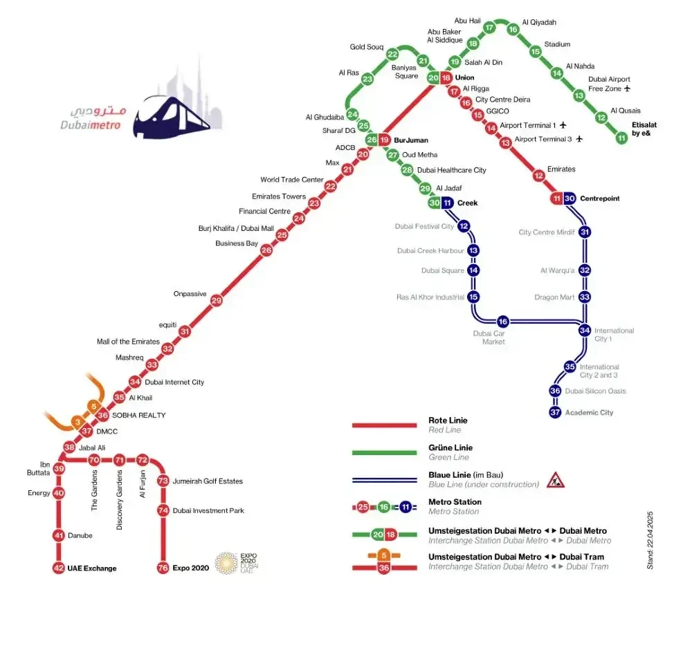 Comprehensive Dubai Metro map showing Red, Green, and upcoming lines, used by Casttio to help investors find properties near metro stations.
