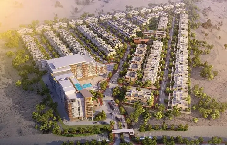 Best Family Communities Dubai: Aerial rendering of a newly developing suburban master-planned community in Dubai, showcasing upcoming off-plan townhouse investments by Casttio.