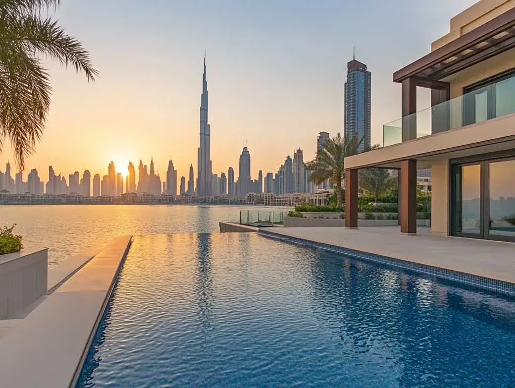 Best Off-Plan Projects Dubai : Ultra-luxury villa with a private infinity pool offering panoramic sunset views of the Downtown Dubai skyline and Burj Khalifa, presented by Casttio Properties.