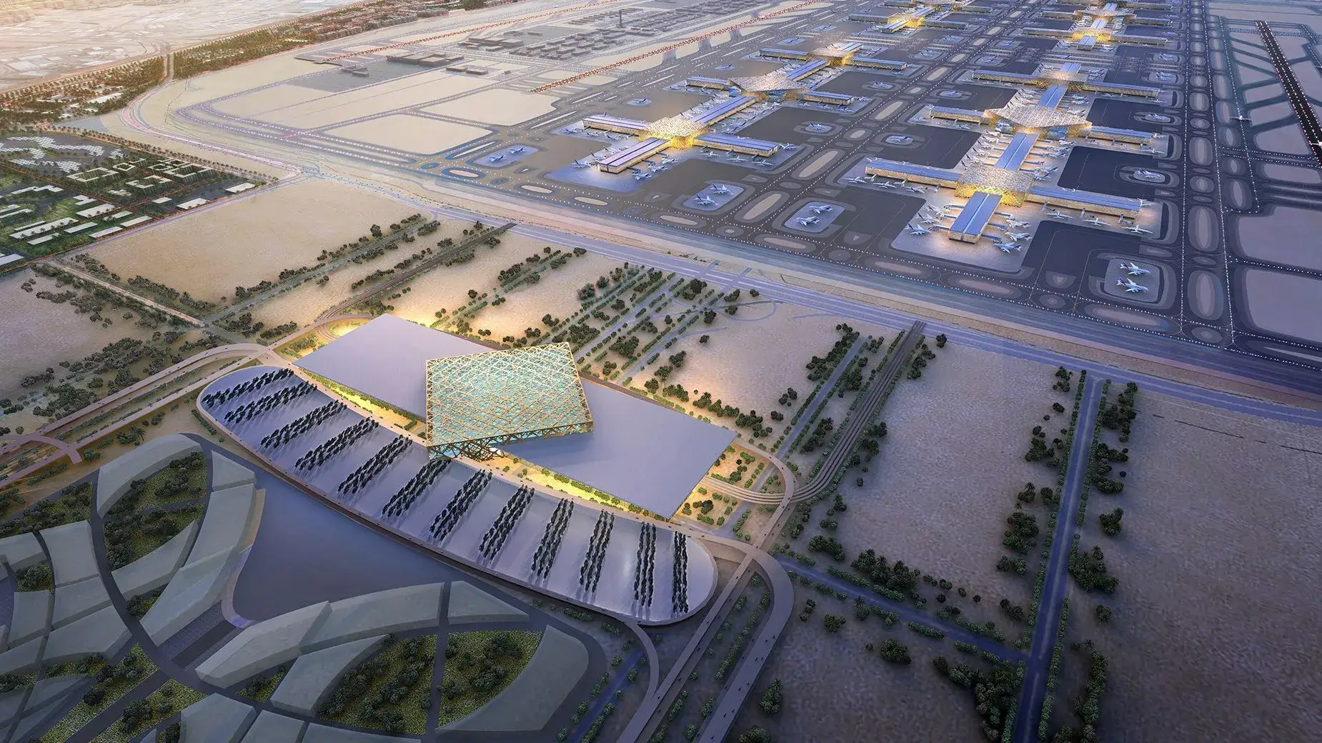 Aerial masterplan of Dubai World Central (DWC) showcasing multiple runways and concourses, representing high-yield property investment zones by Casttio.