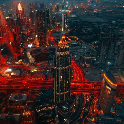 Cityscape of Dubai at dusk, view from the top of Burj Khalifa tower